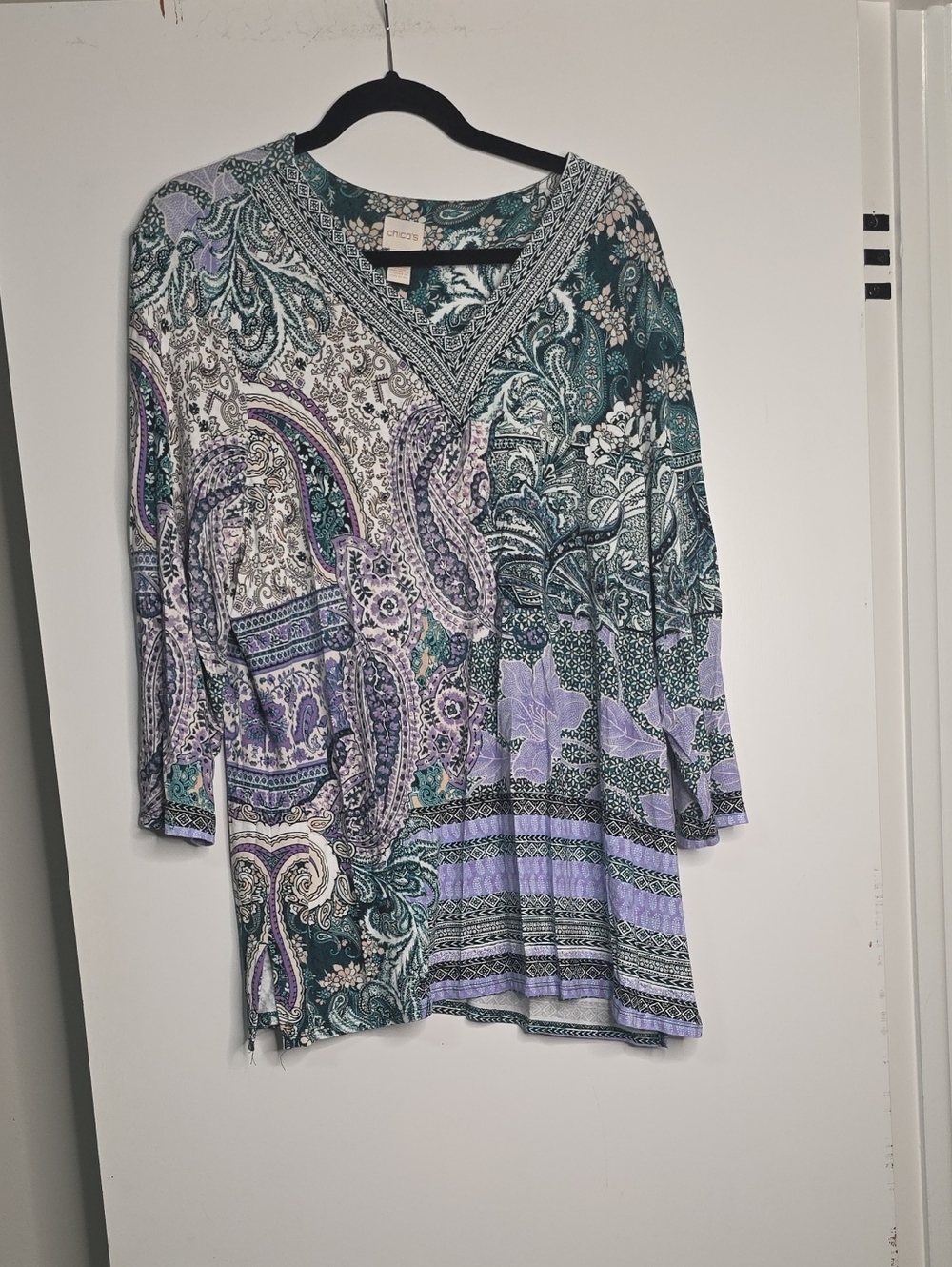 Chico's Teal, Lavender & White Paisley V-Neck Tunic